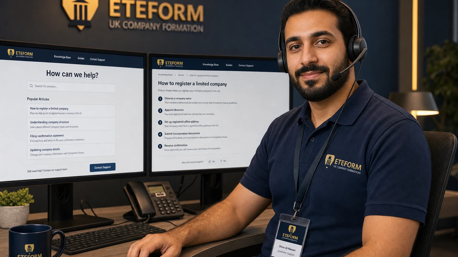 Eteform Arabic support desk answering UK company formation questions
