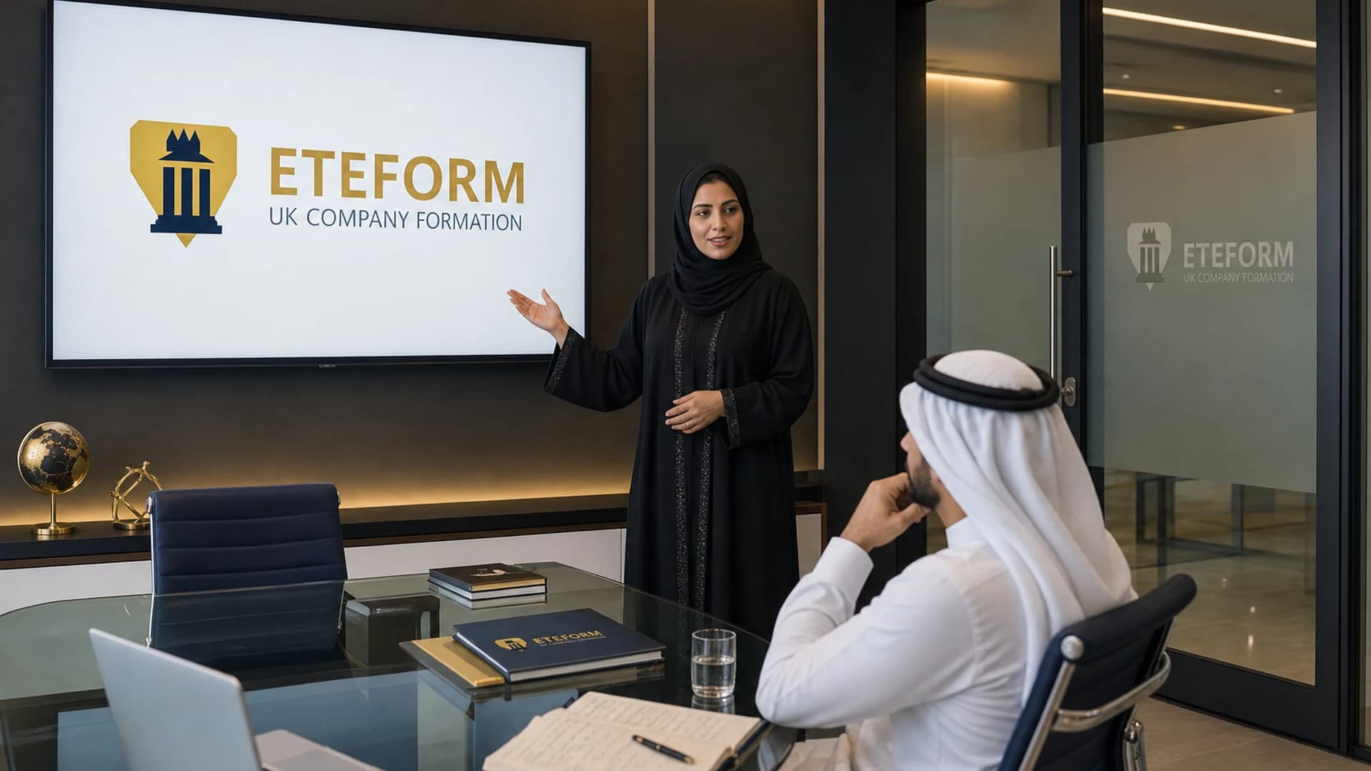 استشارة تأسيس شركة UK في غرفة اجتماعات تحمل علامة Eteform